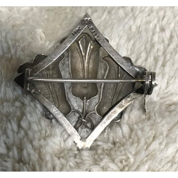 Floral Brooch Art Deco Style Silver Plata 900 Made in Chile 1.5" - Picture 4 of 7